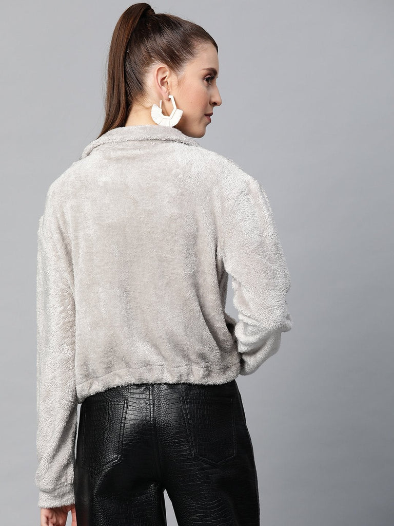 Women's Grey Drawstring Faux Fur Jacket