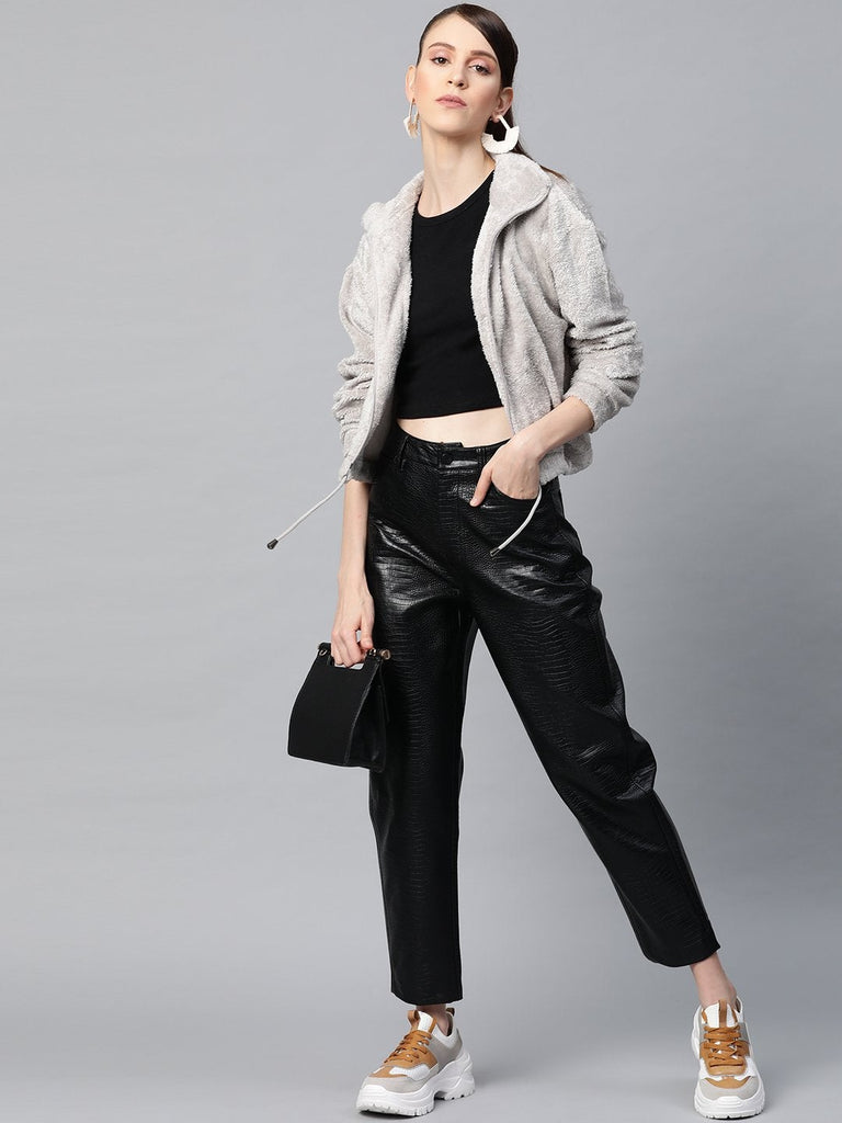 Women's Grey Drawstring Faux Fur Jacket