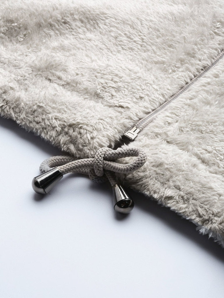Women's Grey Drawstring Faux Fur Jacket