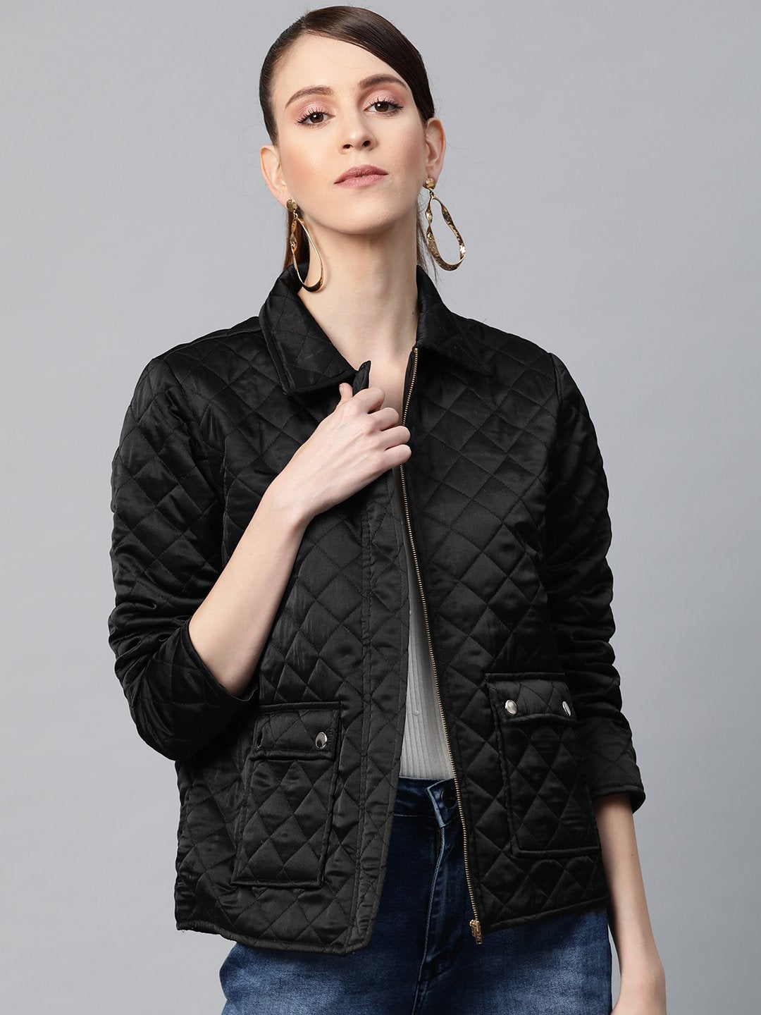 Women's Black Satin Quilted Jacket - SASSAFRAS