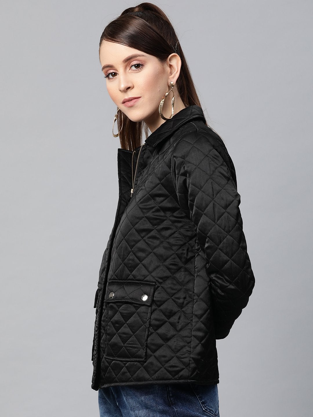 Women's Black Satin Quilted Jacket - SASSAFRAS