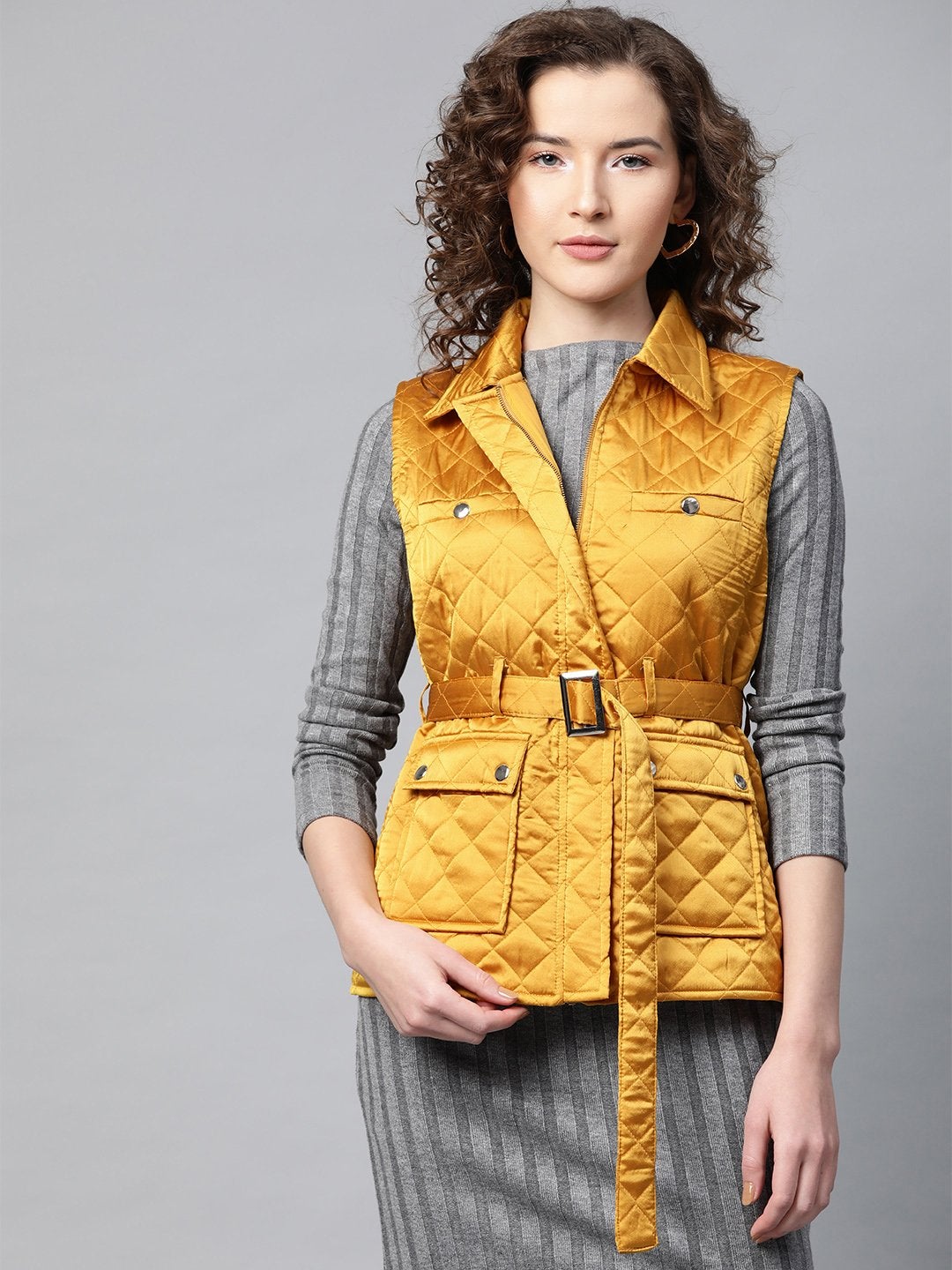 Women's Mustard Sleeveless Belted Satin Quilted Jacket - SASSAFRAS