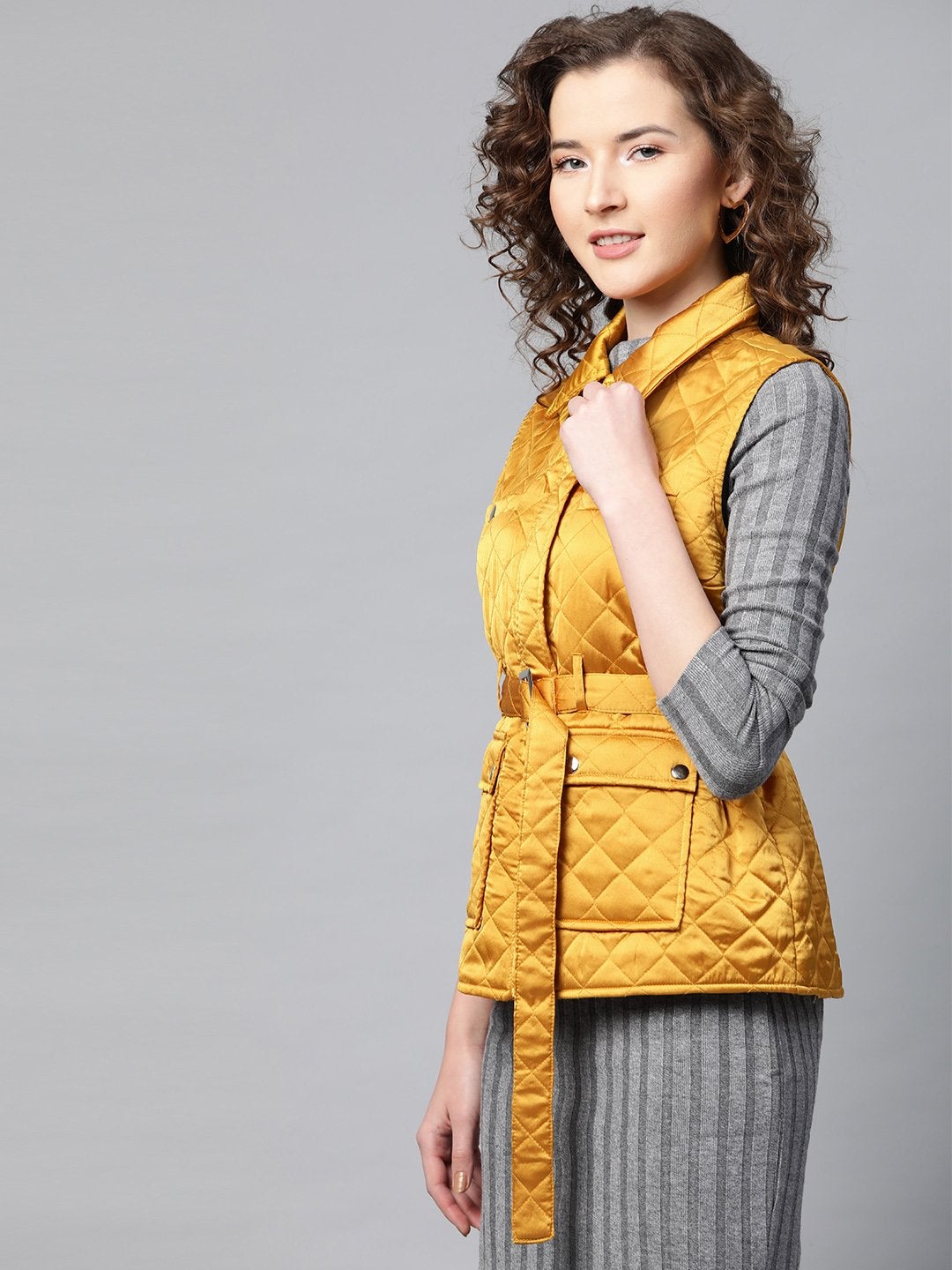 Women's Mustard Sleeveless Belted Satin Quilted Jacket - SASSAFRAS