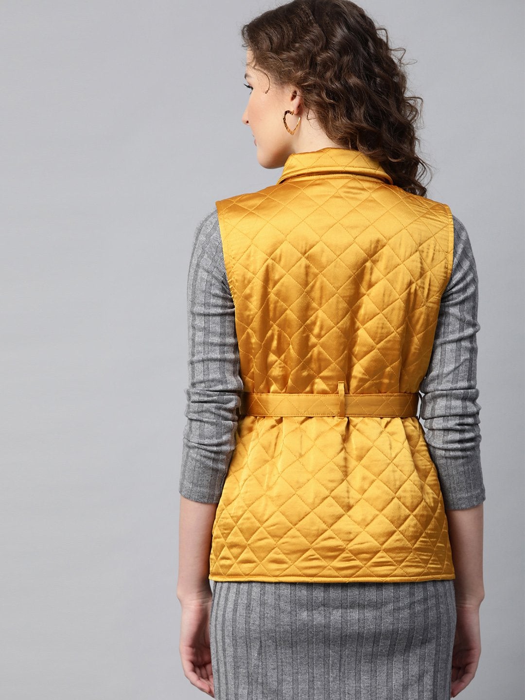 Women's Mustard Sleeveless Belted Satin Quilted Jacket - SASSAFRAS