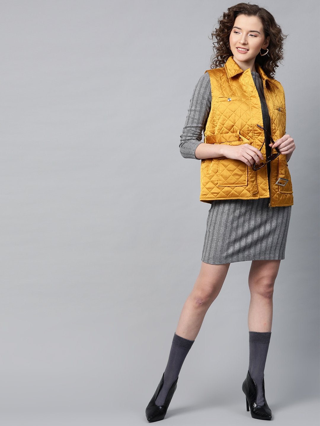 Women's Mustard Sleeveless Belted Satin Quilted Jacket - SASSAFRAS