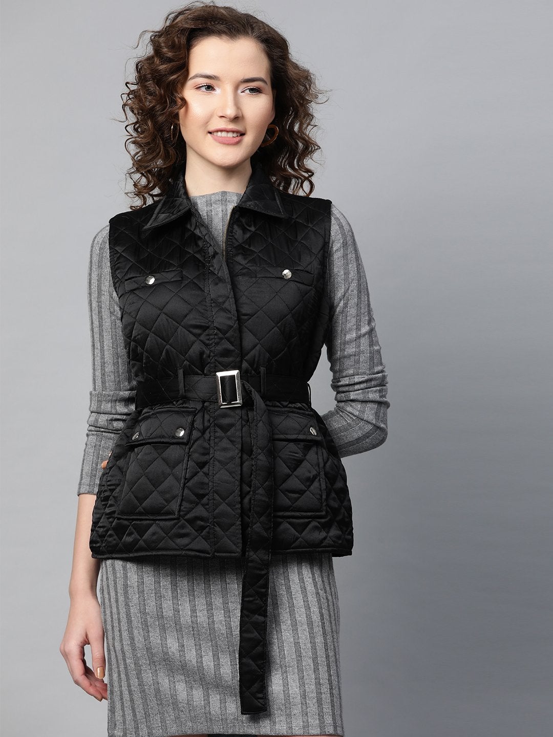 Women's Black Sleeveless Belted Satin Quilted Jacket - SASSAFRAS