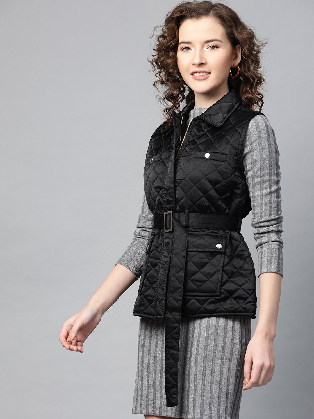 Women's Black Sleeveless Belted Satin Quilted Jacket - SASSAFRAS