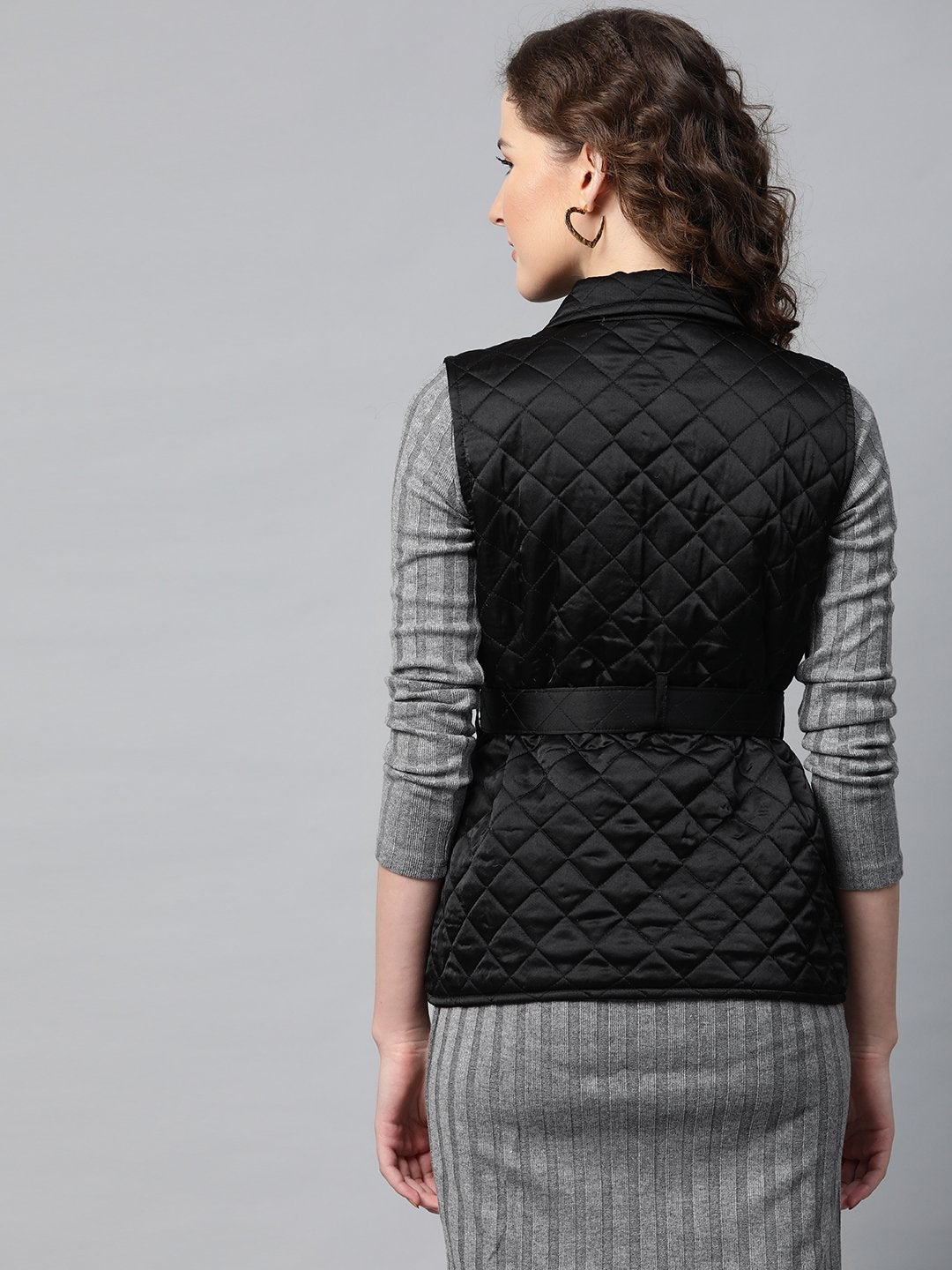 Women's Black Sleeveless Belted Satin Quilted Jacket - SASSAFRAS