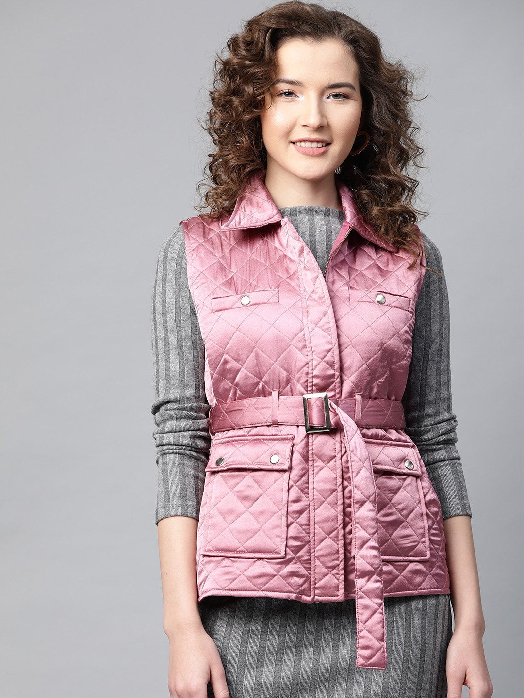 Women's Lavender Sleeveless Belted Satin Quilted Jacket - SASSAFRAS