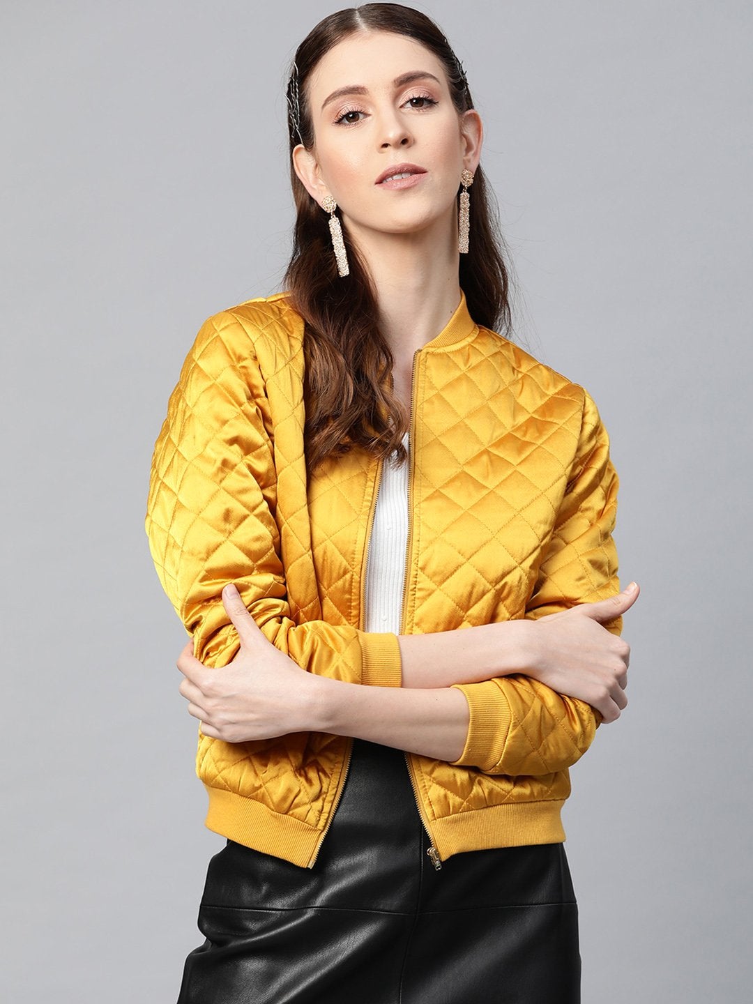 Women's Mustard Satin Quilted Bomber Jacket - SASSAFRAS