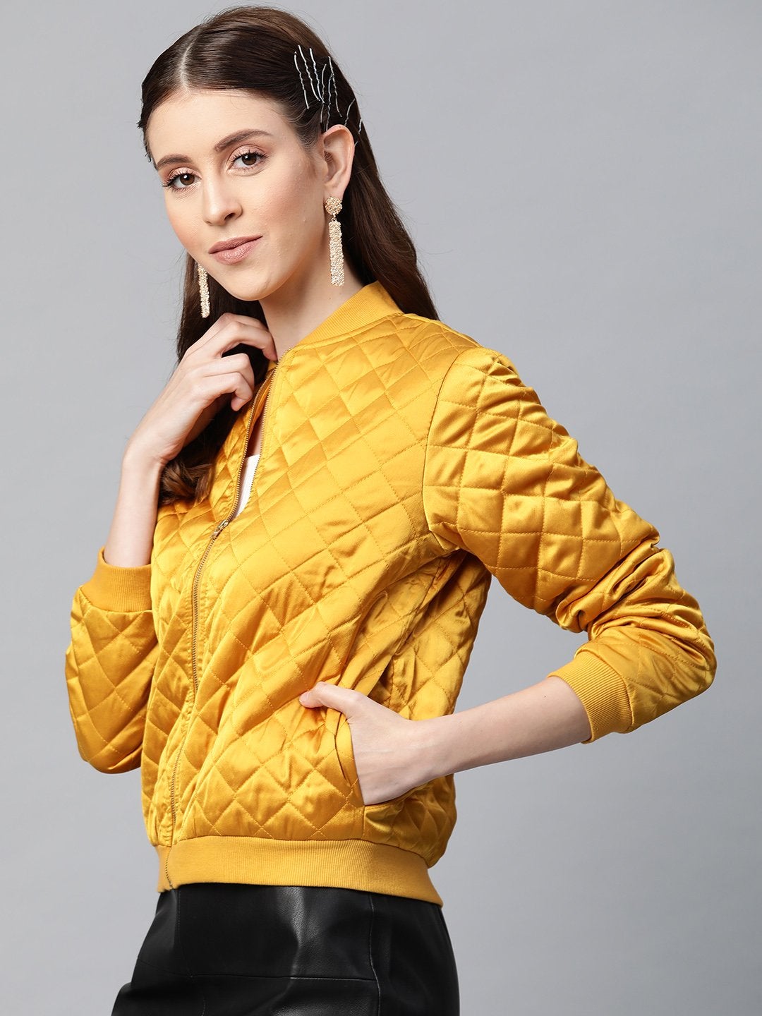 Women's Mustard Satin Quilted Bomber Jacket - SASSAFRAS