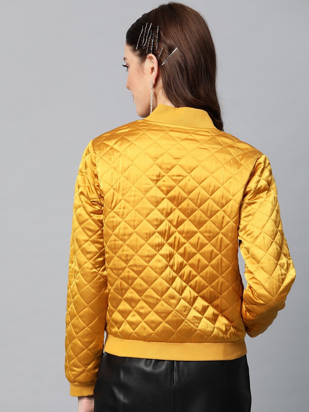 Women's Mustard Satin Quilted Bomber Jacket - SASSAFRAS