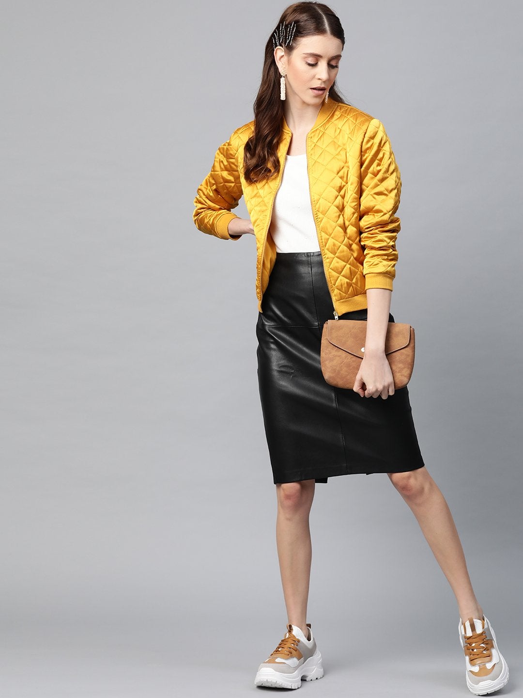 Women's Mustard Satin Quilted Bomber Jacket - SASSAFRAS