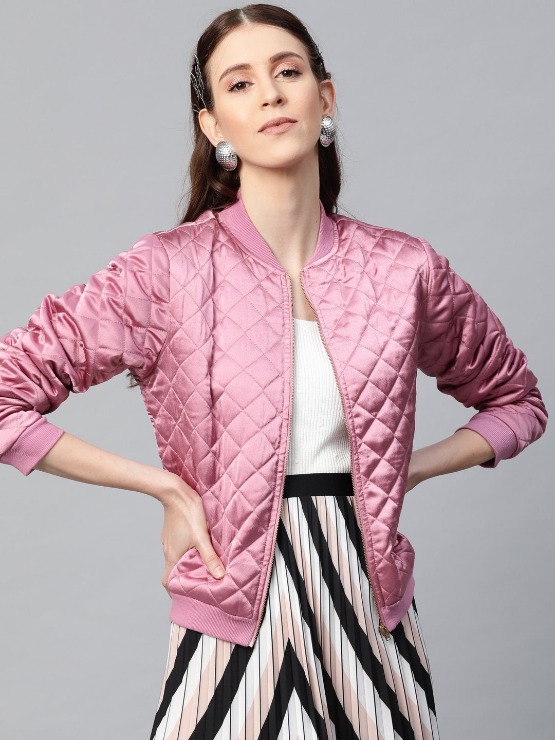 Women's Lavender Satin Quilted Bomber Jacket - SASSAFRAS