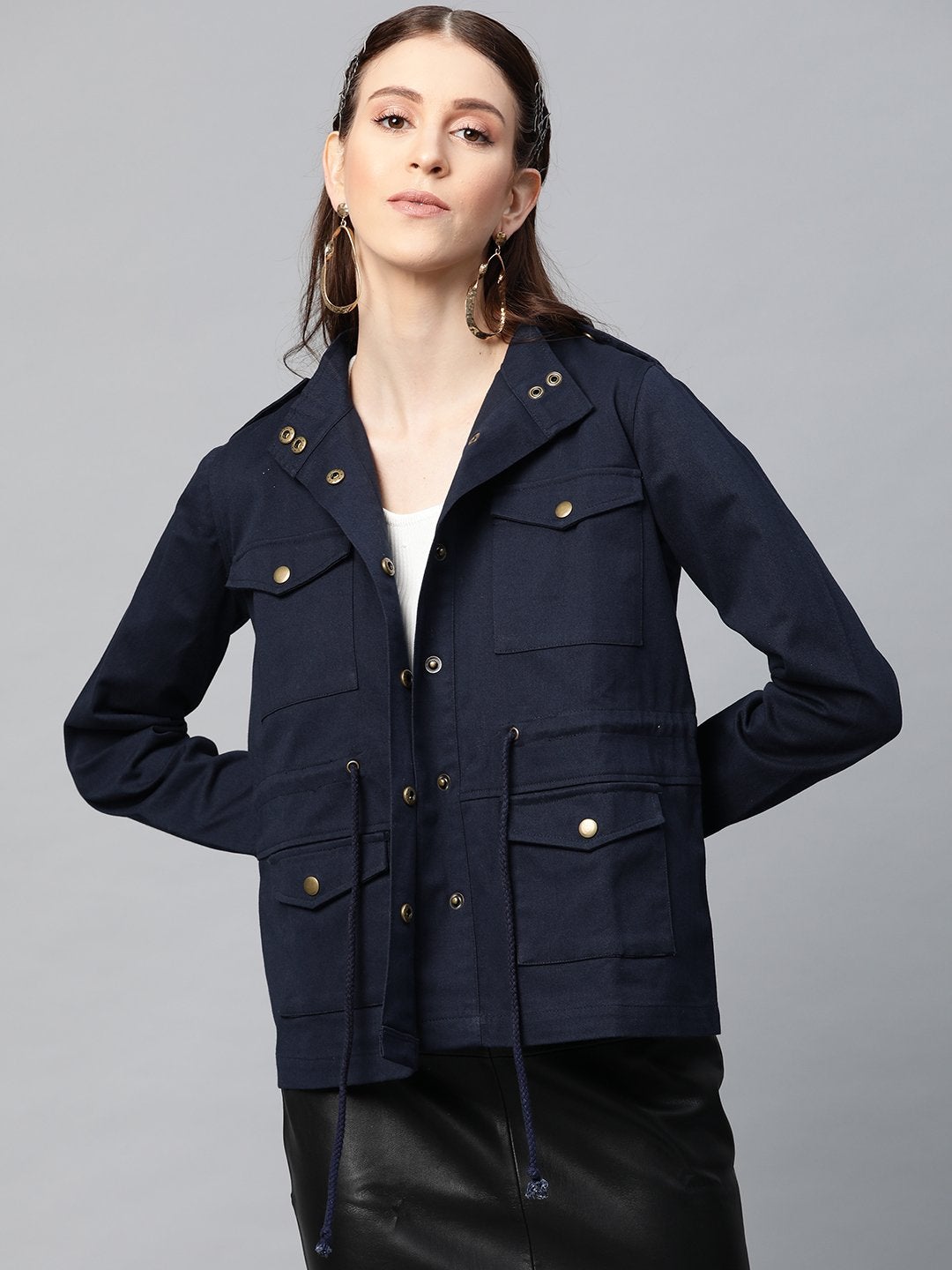 Women's Navy Twill Utility Drawstring Jacket - SASSAFRAS