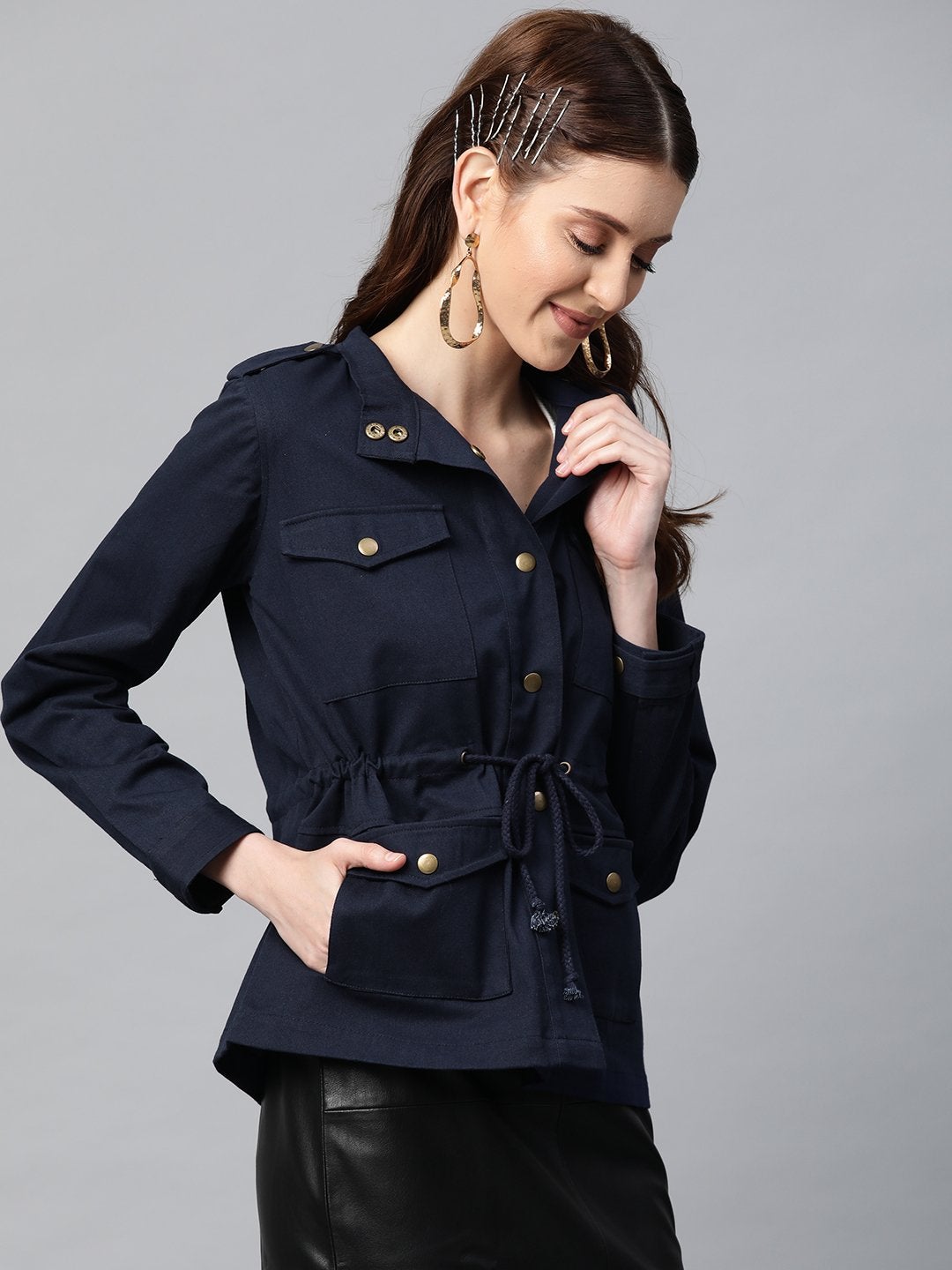 Women's Navy Twill Utility Drawstring Jacket - SASSAFRAS