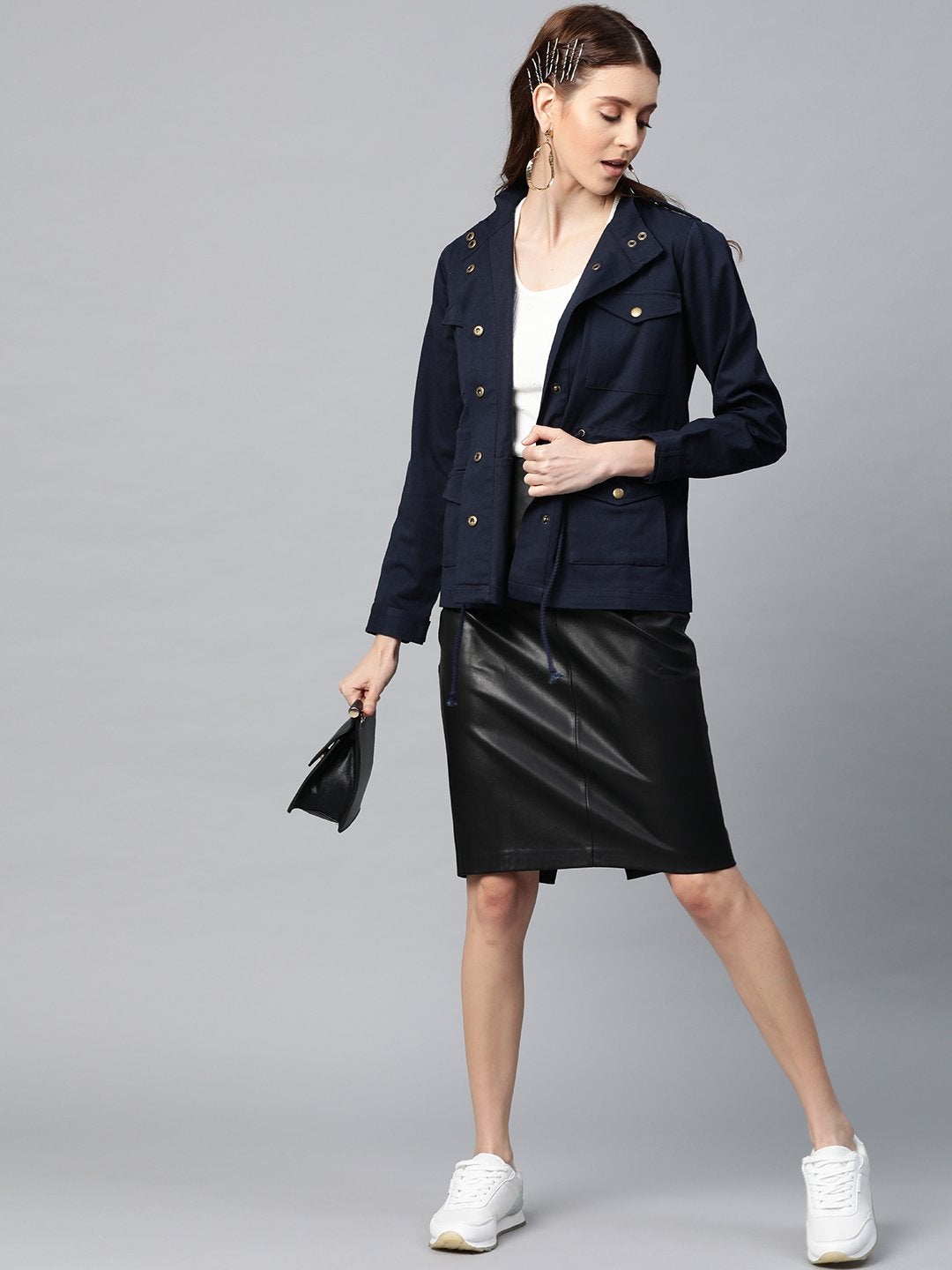 Women's Navy Twill Utility Drawstring Jacket - SASSAFRAS