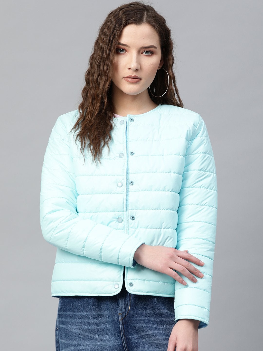 Women's Blue Snap Button Quilted Jacket - SASSAFRAS