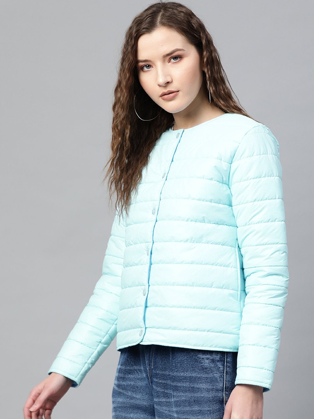 Women's Blue Snap Button Quilted Jacket - SASSAFRAS