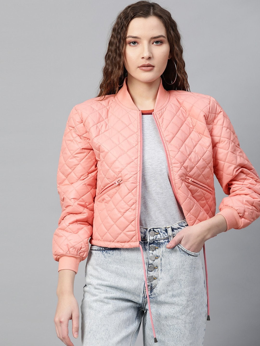 Women's Peach Drawstring Quilted Bomber Jacket - SASSAFRAS