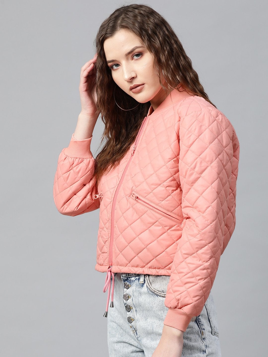 Women's Peach Drawstring Quilted Bomber Jacket - SASSAFRAS