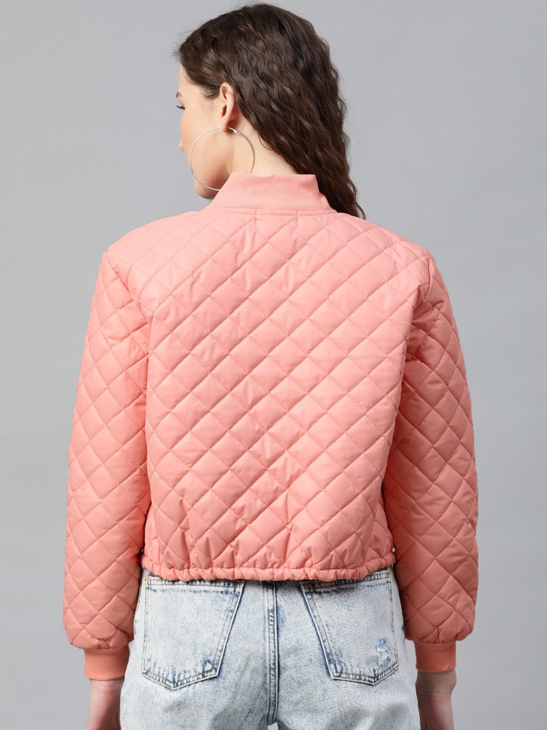 Women's Peach Drawstring Quilted Bomber Jacket - SASSAFRAS