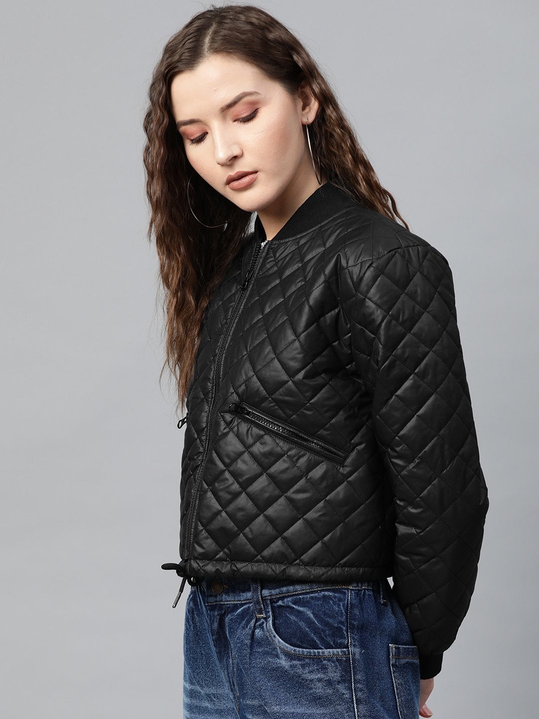 Women's Black Drawstring Quilted Bomber Jacket - SASSAFRAS