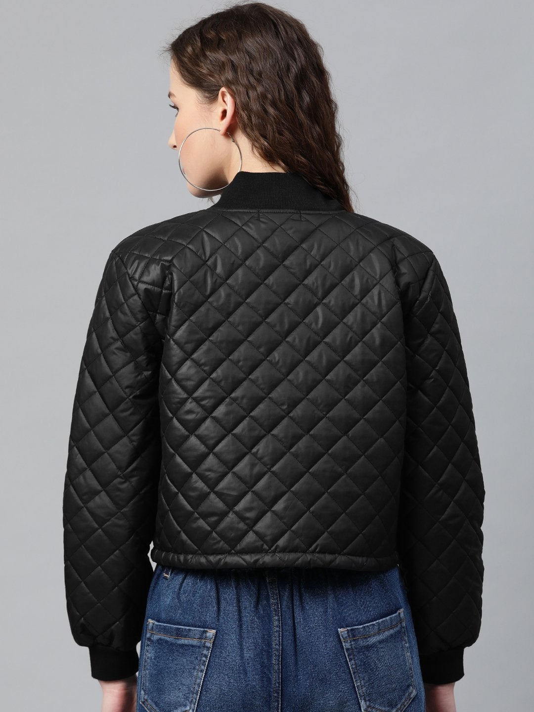 Women's Black Drawstring Quilted Bomber Jacket - SASSAFRAS