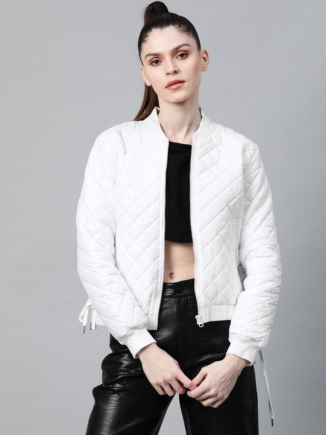 Women's White Tie-Up Detail Quilted Bomber Jacket - SASSAFRAS