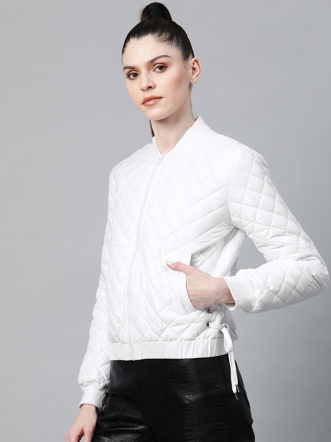 Women's White Tie-Up Detail Quilted Bomber Jacket - SASSAFRAS