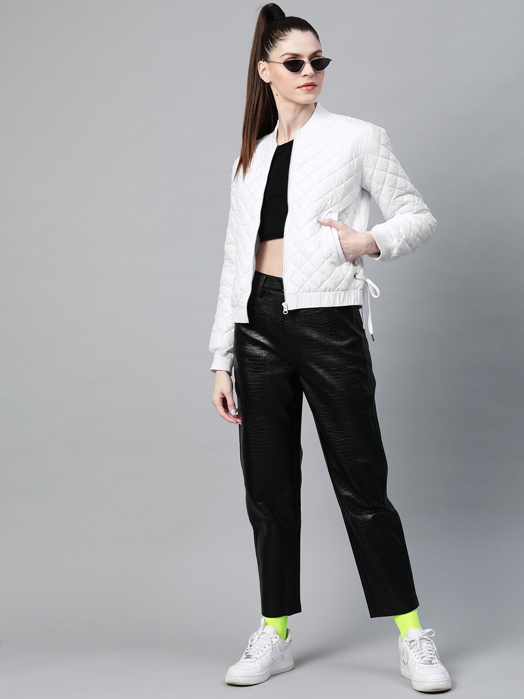 Women's White Tie-Up Detail Quilted Bomber Jacket - SASSAFRAS