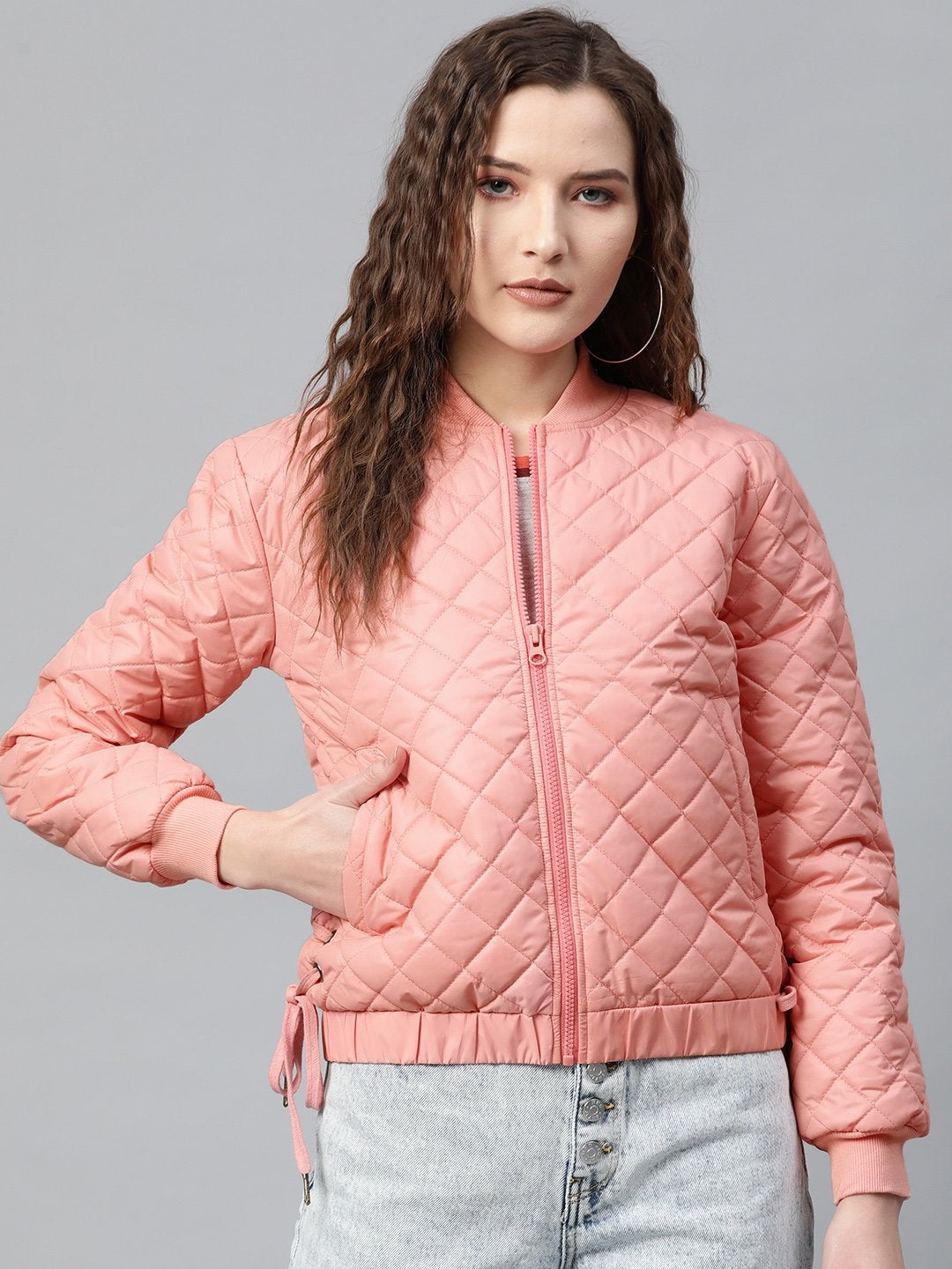 Women's Peach Tie-Up Detail Quilted Bomber Jacket - SASSAFRAS