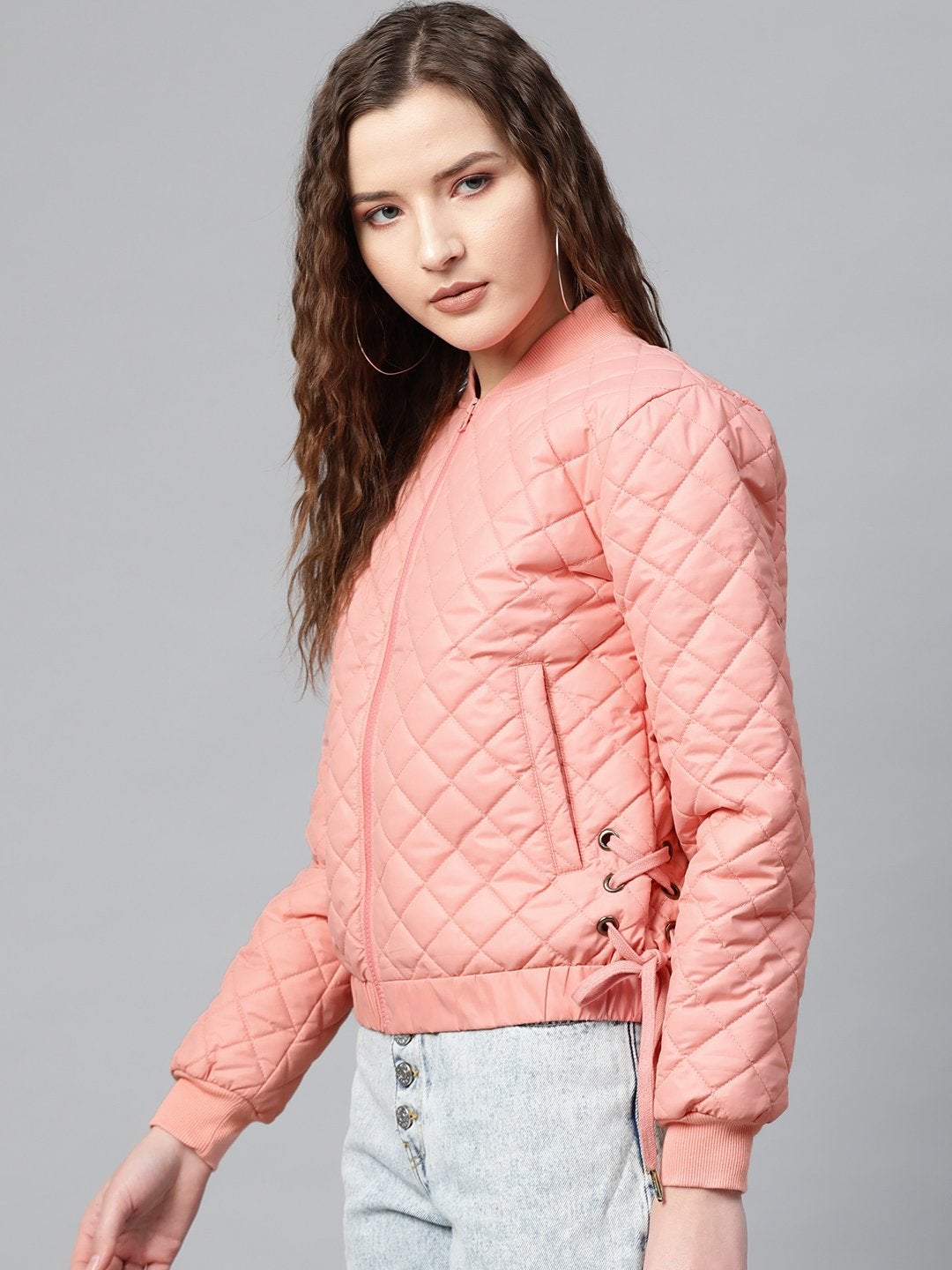 Women's Peach Tie-Up Detail Quilted Bomber Jacket - SASSAFRAS