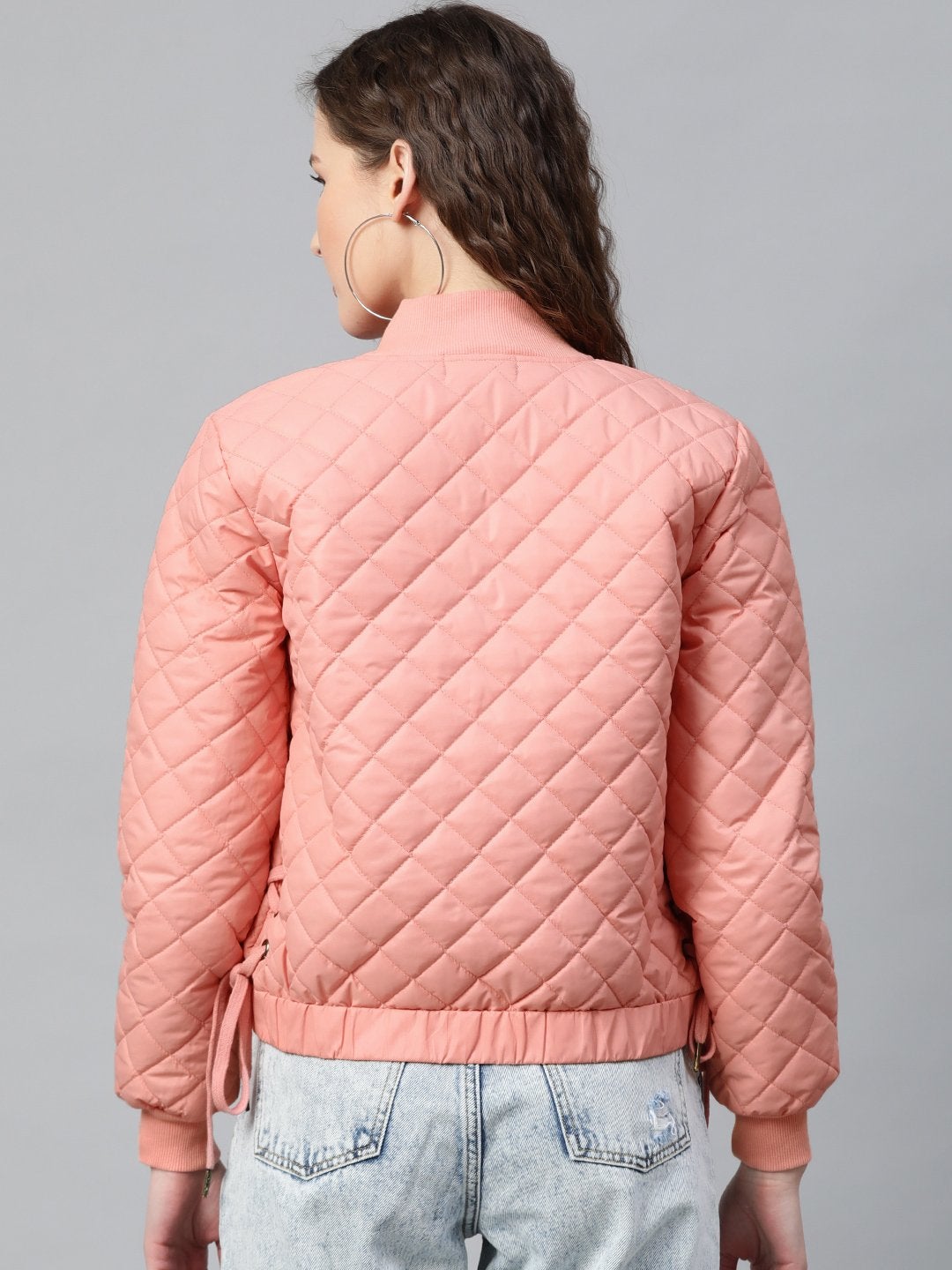 Women's Peach Tie-Up Detail Quilted Bomber Jacket - SASSAFRAS