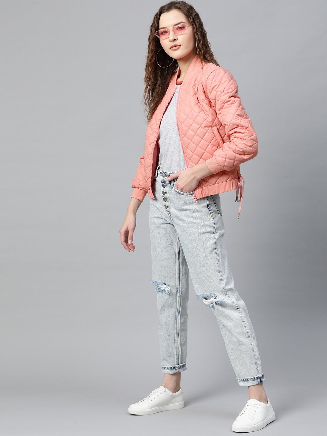 Women's Peach Tie-Up Detail Quilted Bomber Jacket - SASSAFRAS