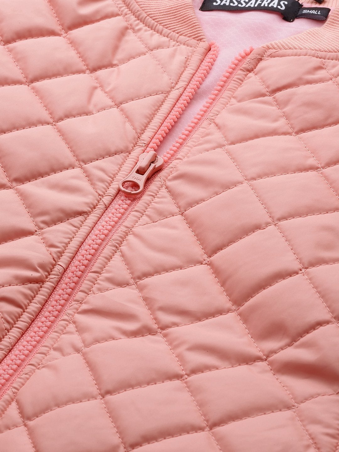 Women's Peach Tie-Up Detail Quilted Bomber Jacket - SASSAFRAS