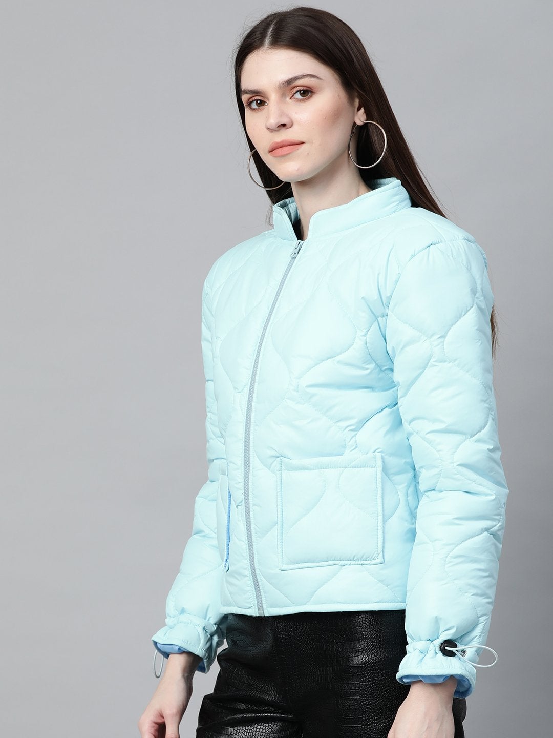 Women's Blue Front Pocket Puffer Jacket - SASSAFRAS