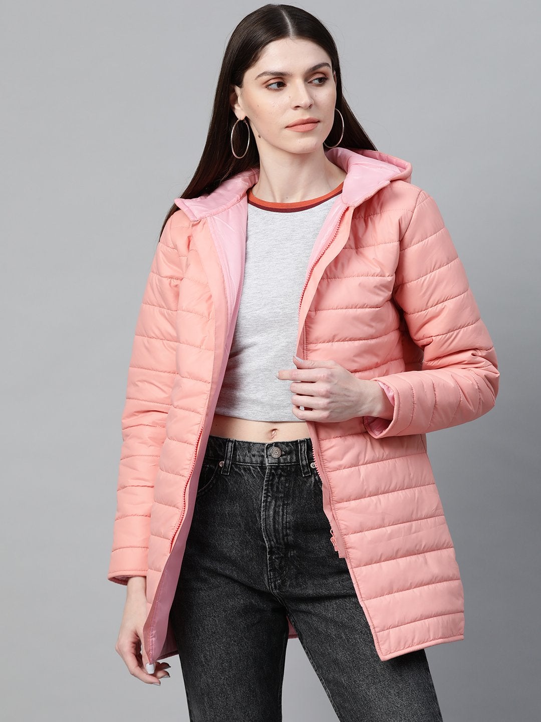 Women's Peach Hooded Long Puffer Jacket - SASSAFRAS