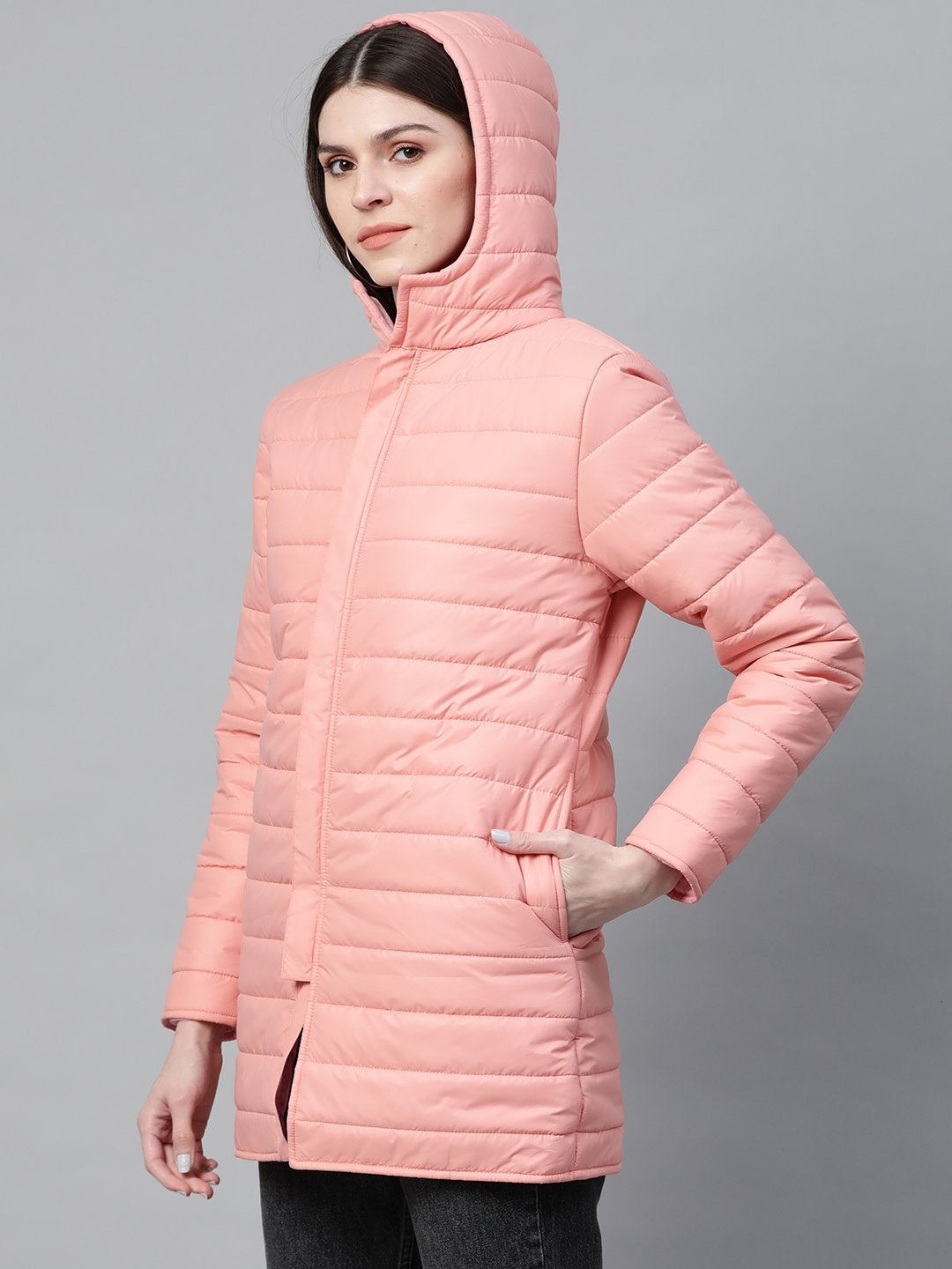 Women's Peach Hooded Long Puffer Jacket - SASSAFRAS