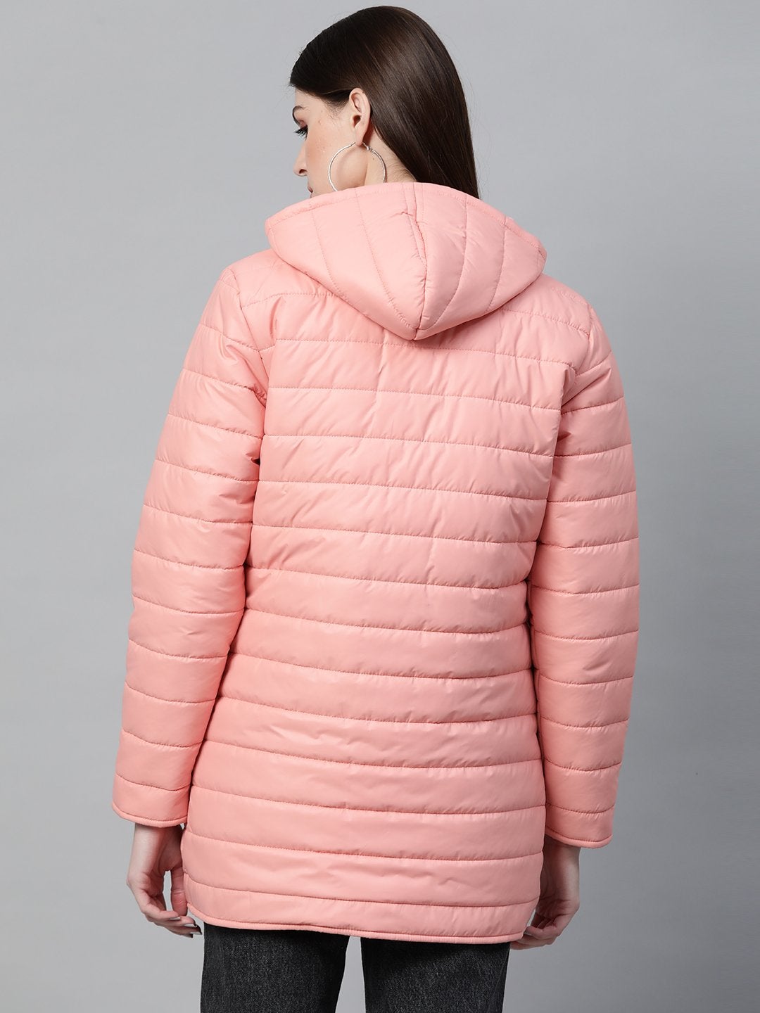 Women's Peach Hooded Long Puffer Jacket - SASSAFRAS