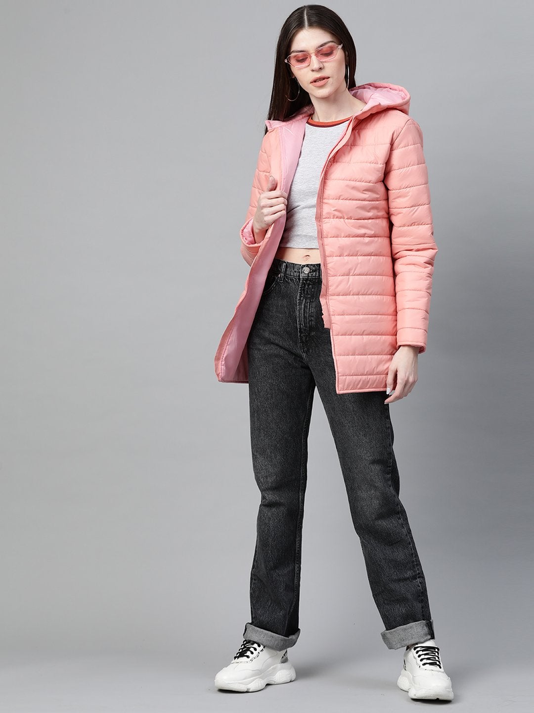 Women's Peach Hooded Long Puffer Jacket - SASSAFRAS