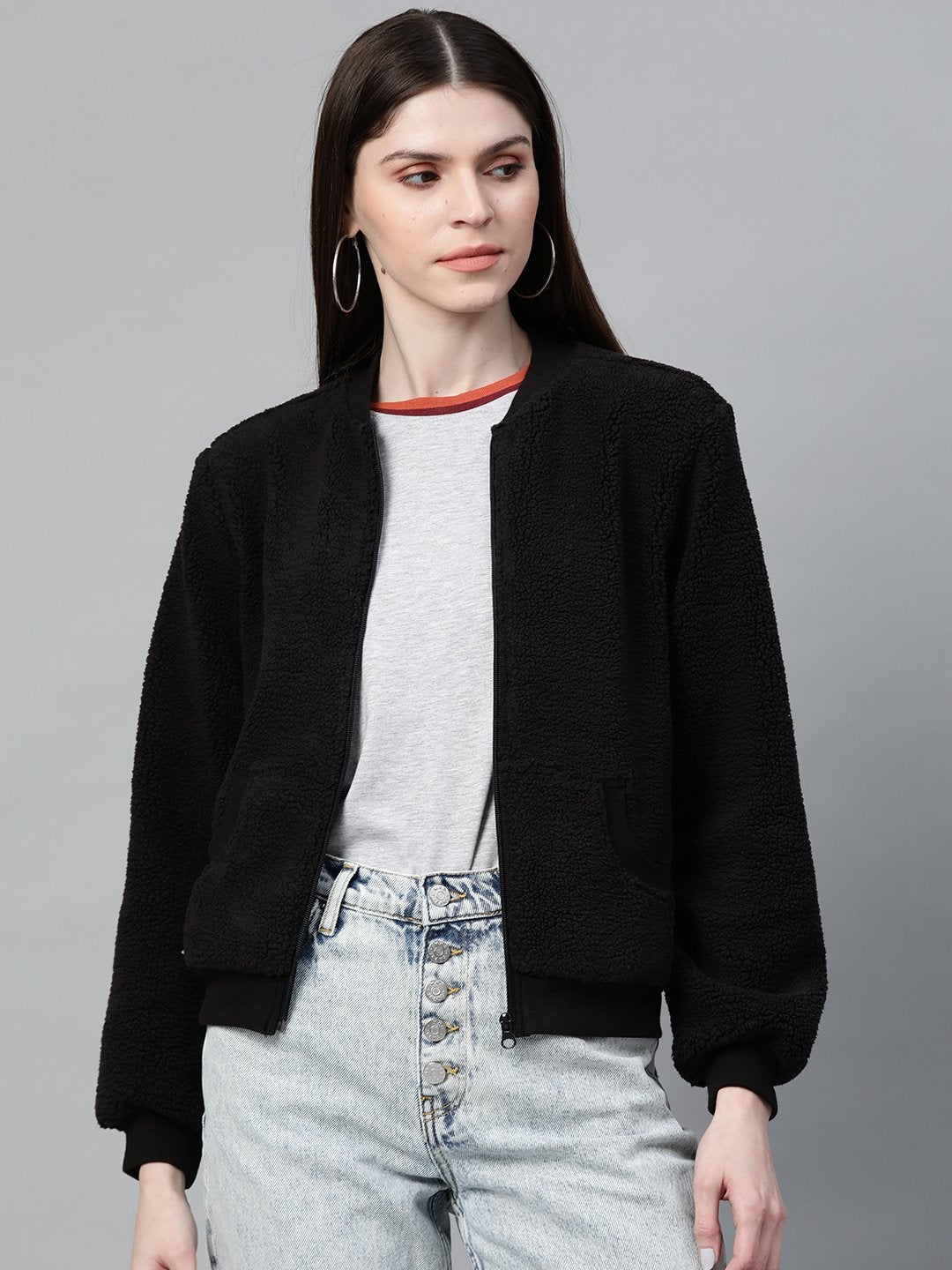 Women's Black Fur Bomber Jacket - SASSAFRAS