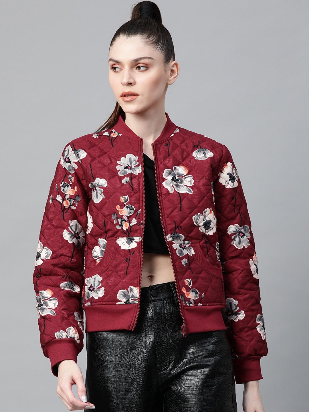 Women's Burgundy Floral Polysilk Bomber Jacket - SASSAFRAS