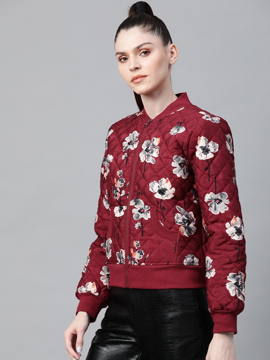 Women's Burgundy Floral Polysilk Bomber Jacket - SASSAFRAS