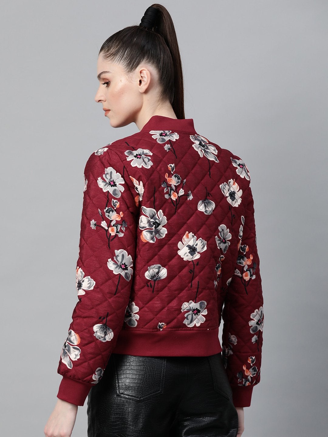 Women's Burgundy Floral Polysilk Bomber Jacket - SASSAFRAS