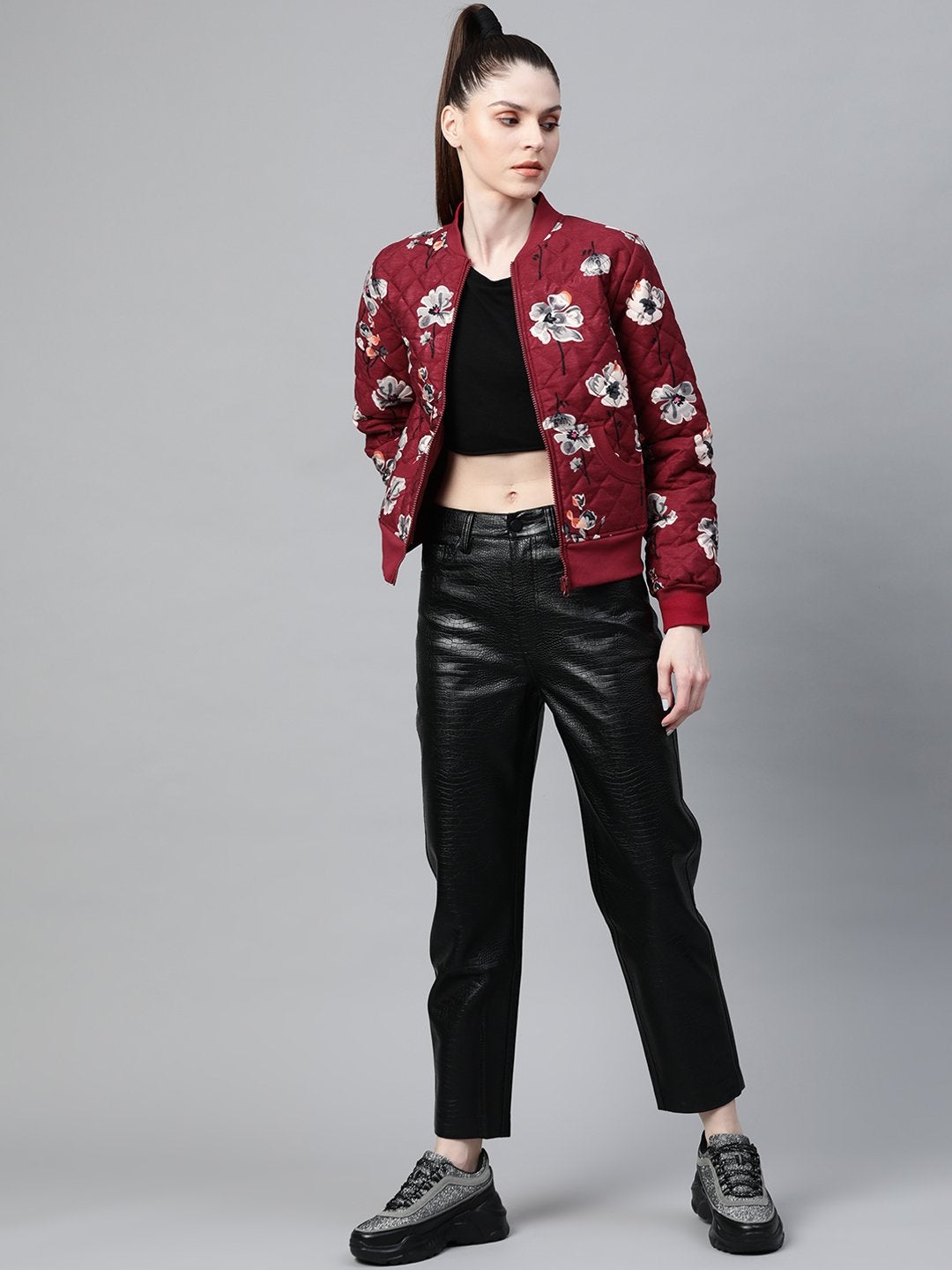 Women's Burgundy Floral Polysilk Bomber Jacket - SASSAFRAS