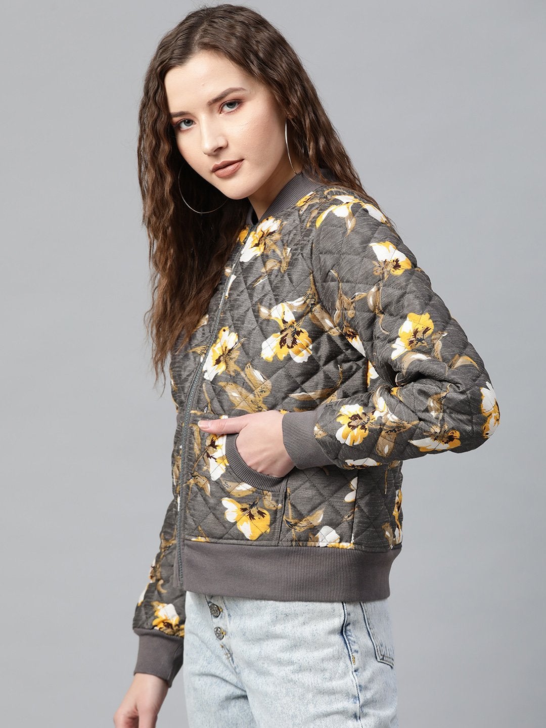 Women's Grey Floral Polysilk Bomber Jacket - SASSAFRAS