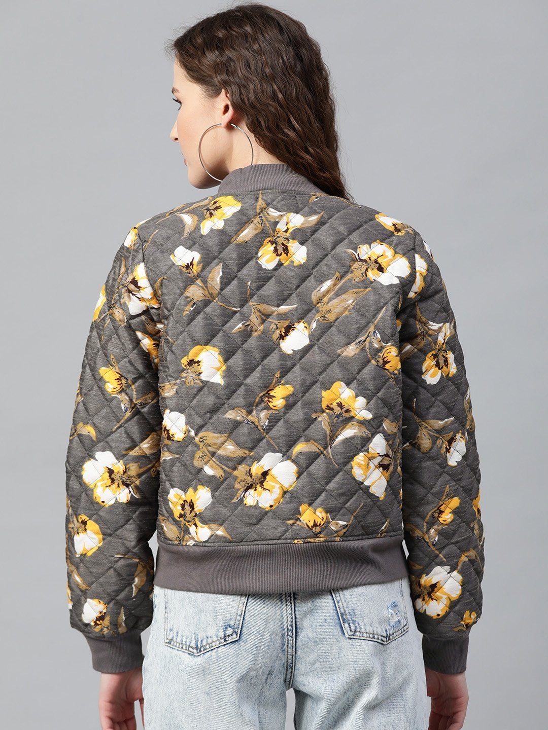 Women's Grey Floral Polysilk Bomber Jacket - SASSAFRAS