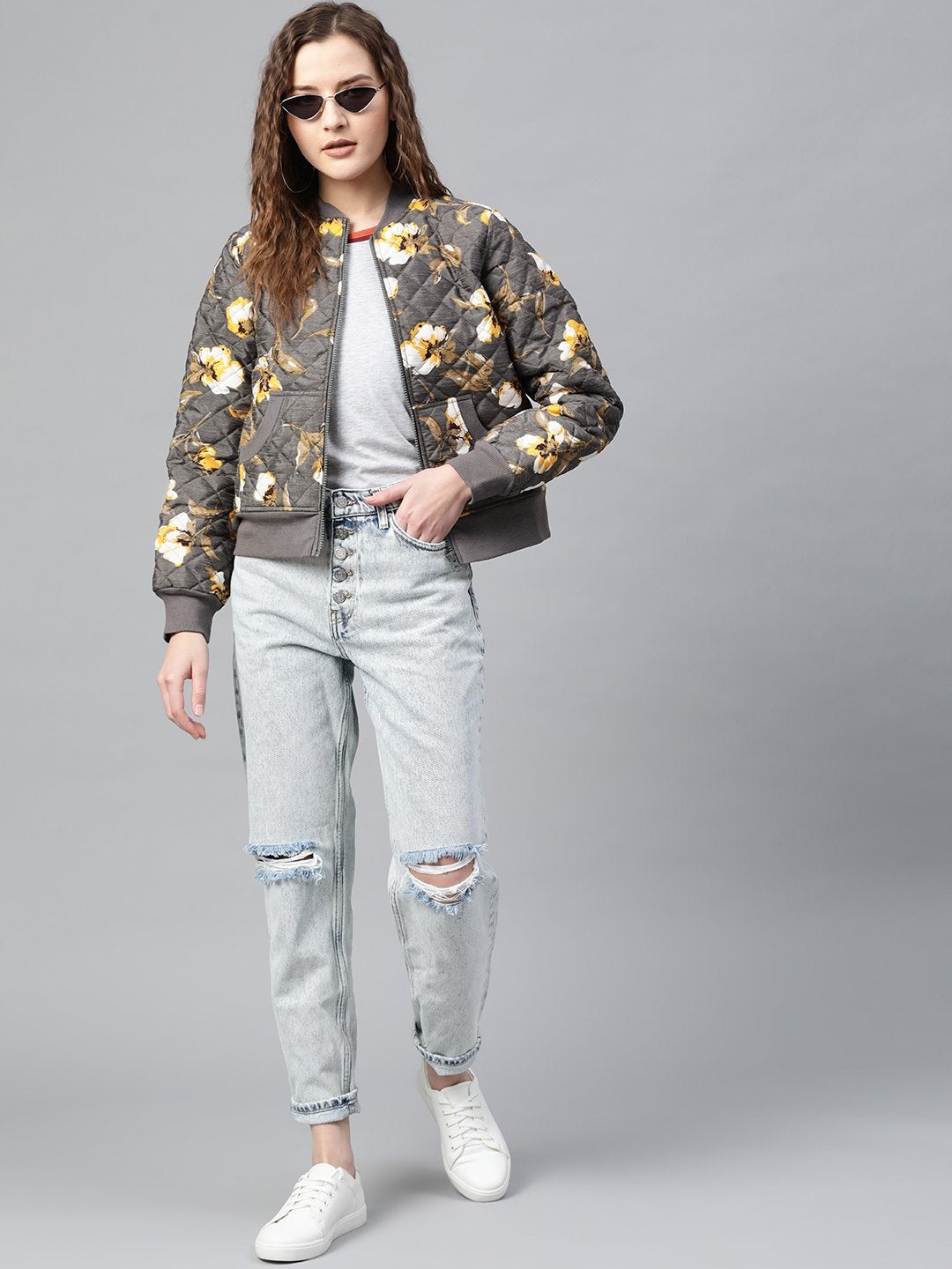 Women's Grey Floral Polysilk Bomber Jacket - SASSAFRAS