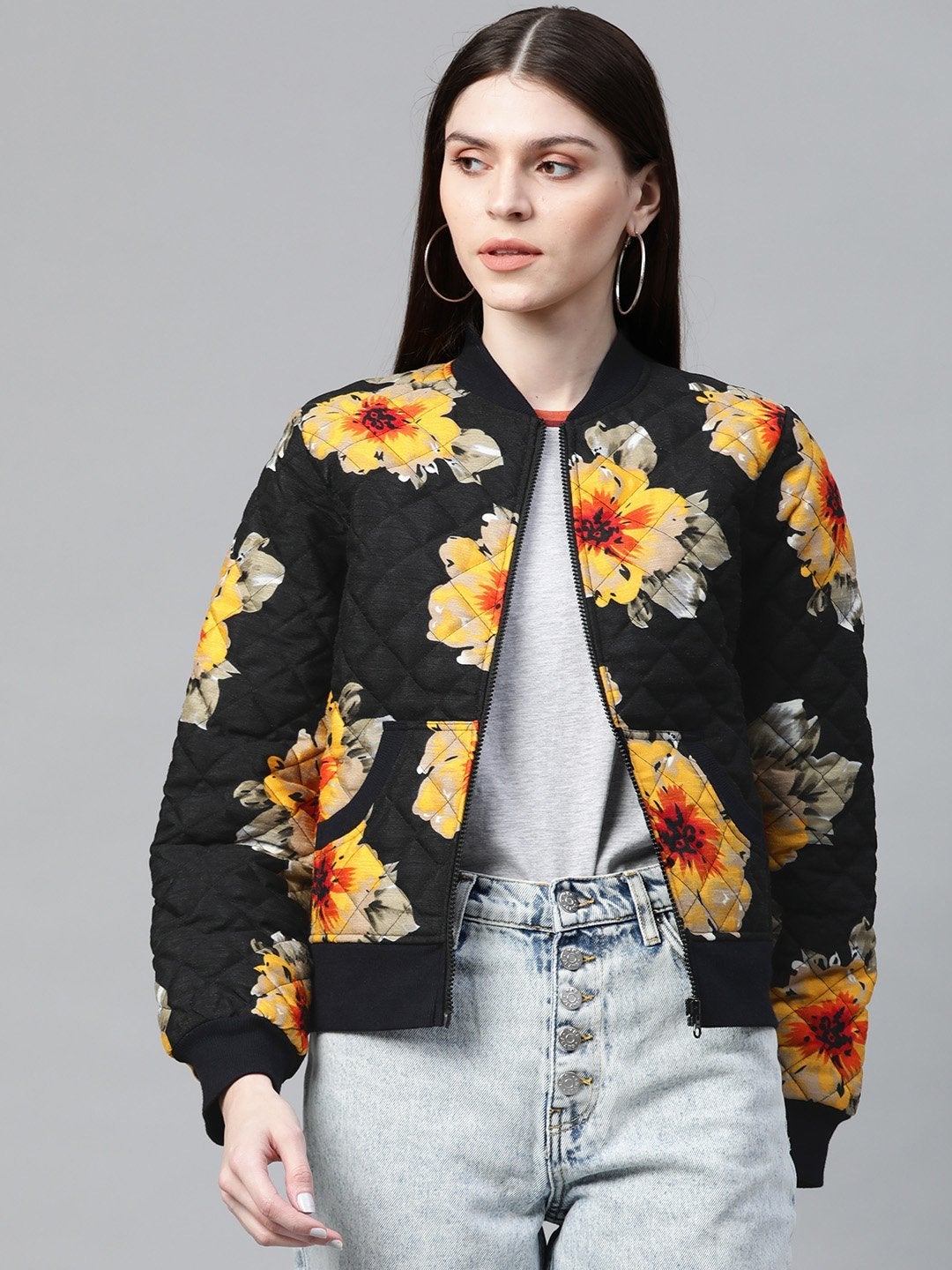 Women's Black Floral Polysilk Bomber Jacket - SASSAFRAS